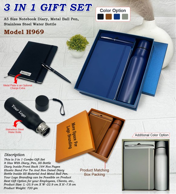 3 in 1 gift set model h969 notebook diary, metal ball pen, stainless steel water bottle